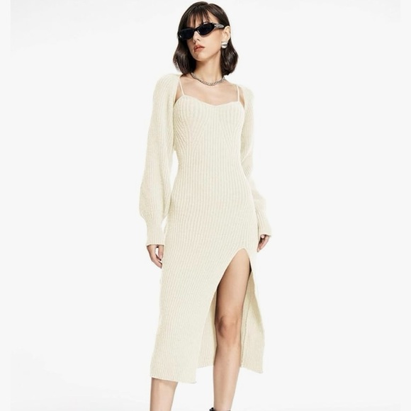 NWOT Cider‎ Cream Knit Bodycon Midi Spaghetti Strap Pencil Dress w Slit ONLY - Picture 1 of 7
